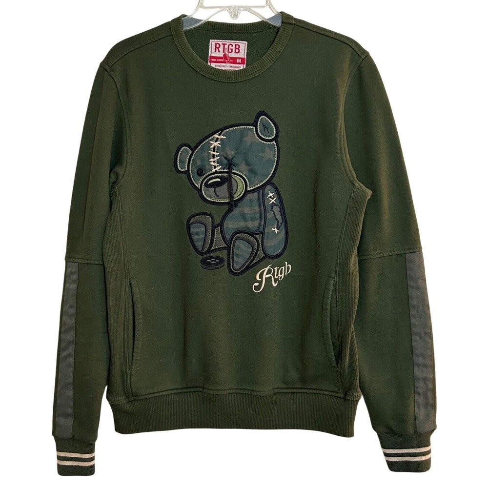 RTGB Red Tag‎ Brand Graphic Button Eyes Teddy Bear Pocket Sweatshirt Green Med